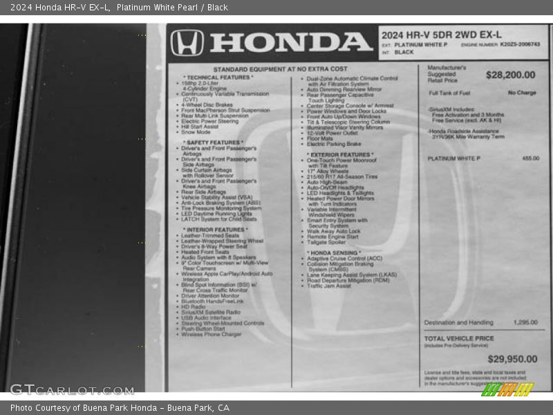 Platinum White Pearl / Black 2024 Honda HR-V EX-L
