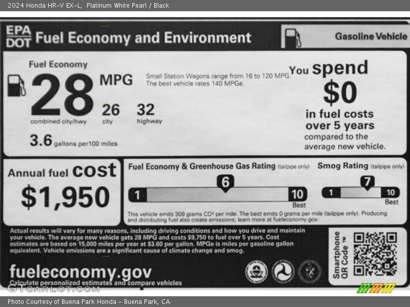 Platinum White Pearl / Black 2024 Honda HR-V EX-L