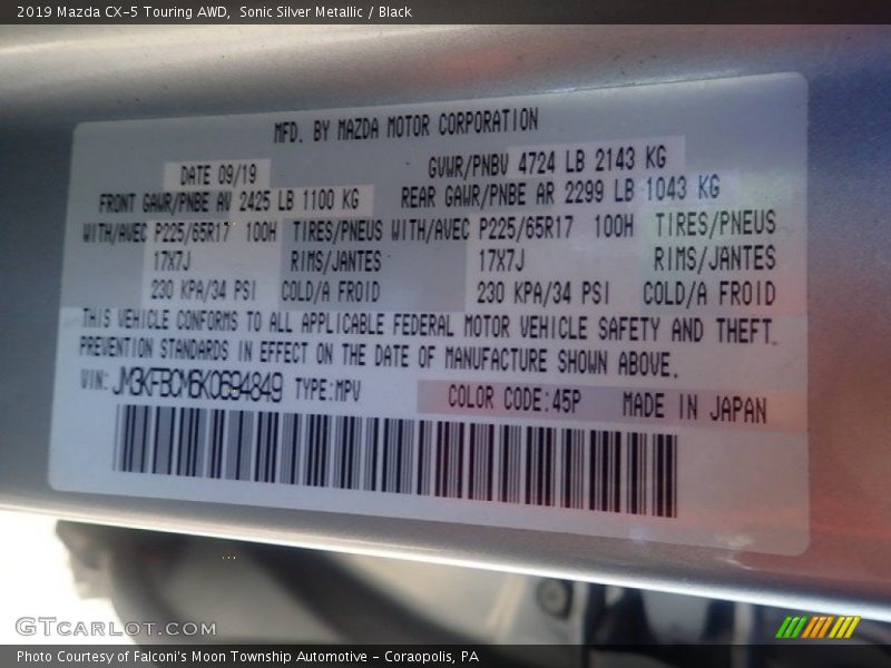 2019 CX-5 Touring AWD Sonic Silver Metallic Color Code 45P