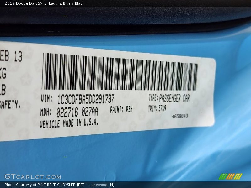 Laguna Blue / Black 2013 Dodge Dart SXT
