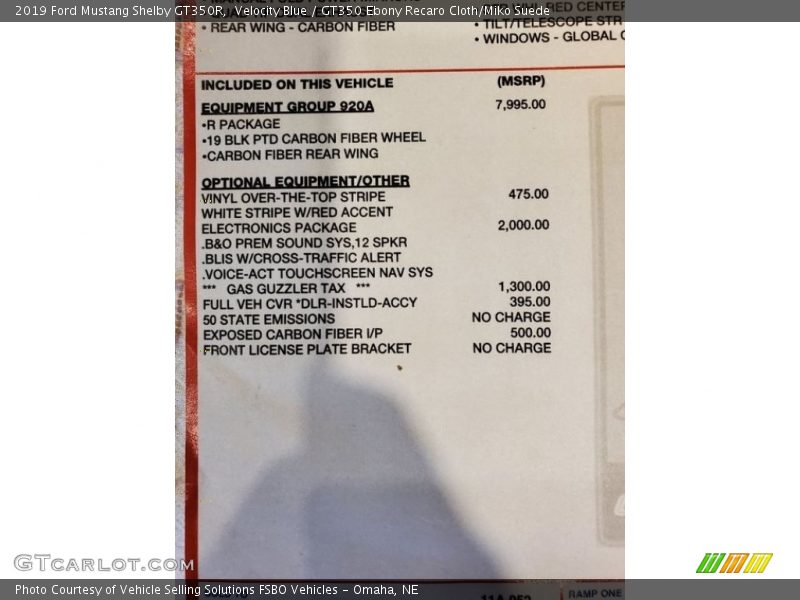 Velocity Blue / GT350 Ebony Recaro Cloth/Miko Suede 2019 Ford Mustang Shelby GT350R