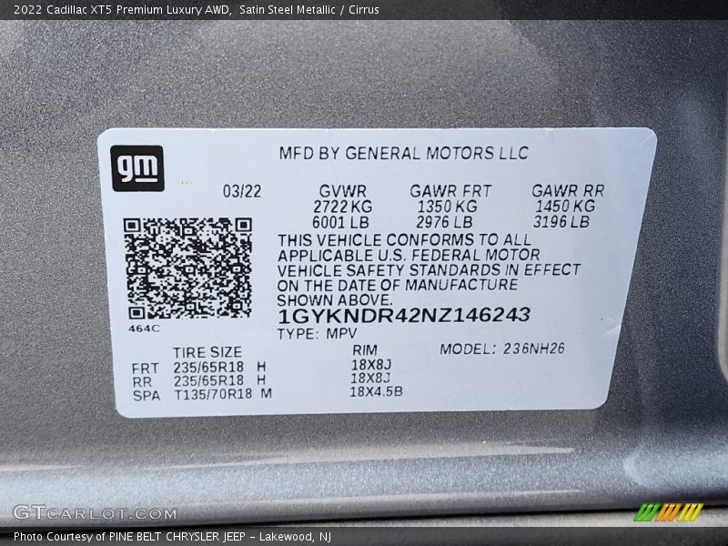 Satin Steel Metallic / Cirrus 2022 Cadillac XT5 Premium Luxury AWD