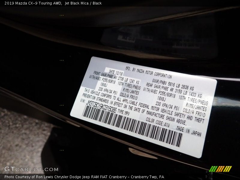 2019 CX-9 Touring AWD Jet Black Mica Color Code 41W