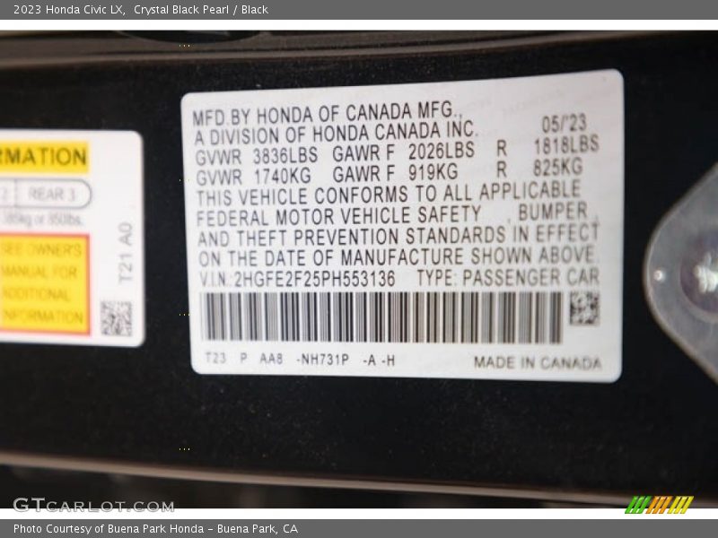 2023 Civic LX Crystal Black Pearl Color Code NH731P