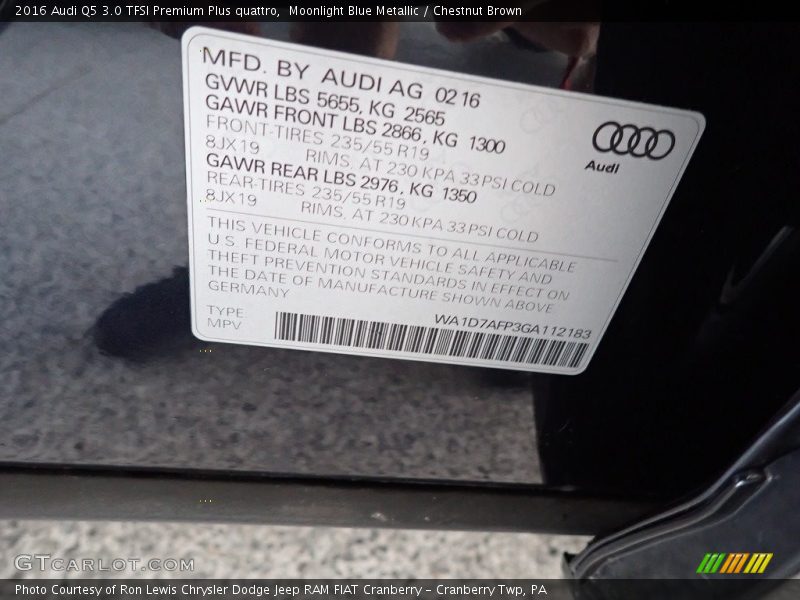 Moonlight Blue Metallic / Chestnut Brown 2016 Audi Q5 3.0 TFSI Premium Plus quattro