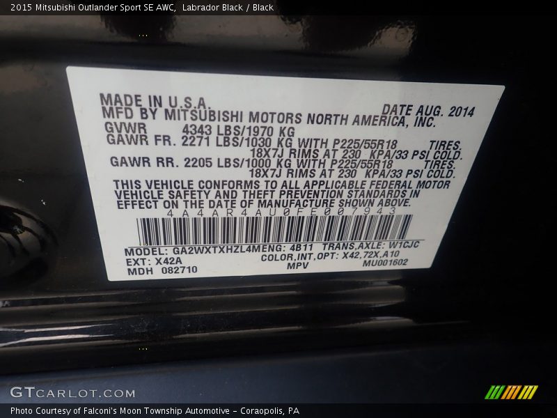 Labrador Black / Black 2015 Mitsubishi Outlander Sport SE AWC