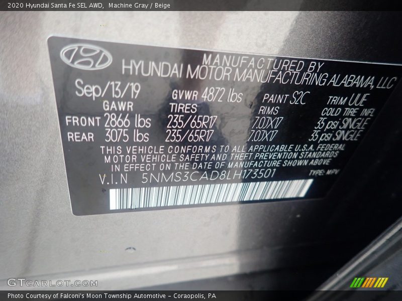 Machine Gray / Beige 2020 Hyundai Santa Fe SEL AWD