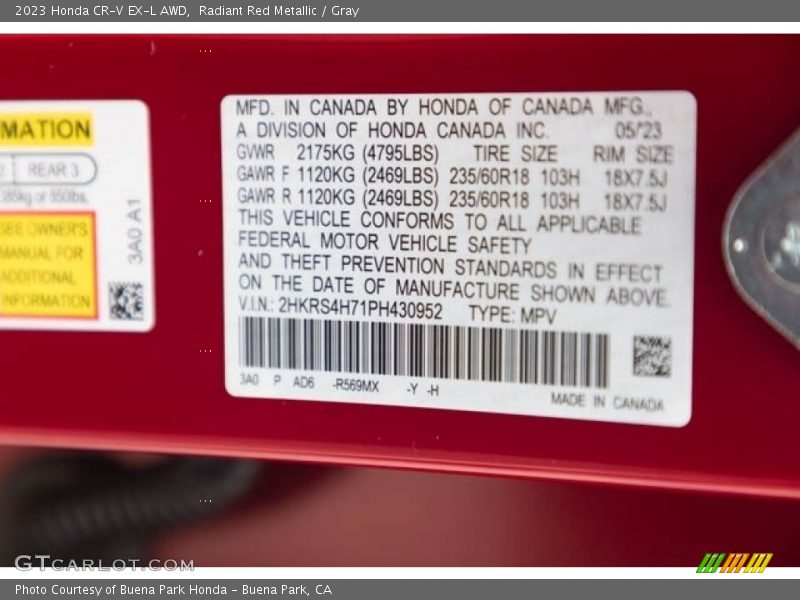 2023 CR-V EX-L AWD Radiant Red Metallic Color Code R569MX