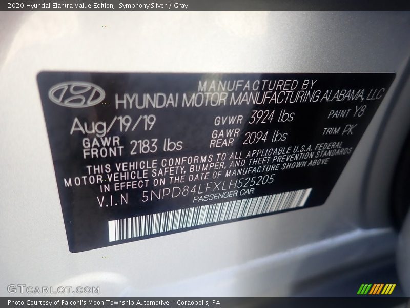 Symphony Silver / Gray 2020 Hyundai Elantra Value Edition