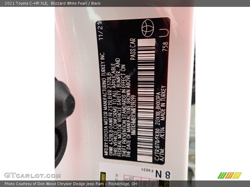2021 C-HR XLE Blizzard White Pearl Color Code 070
