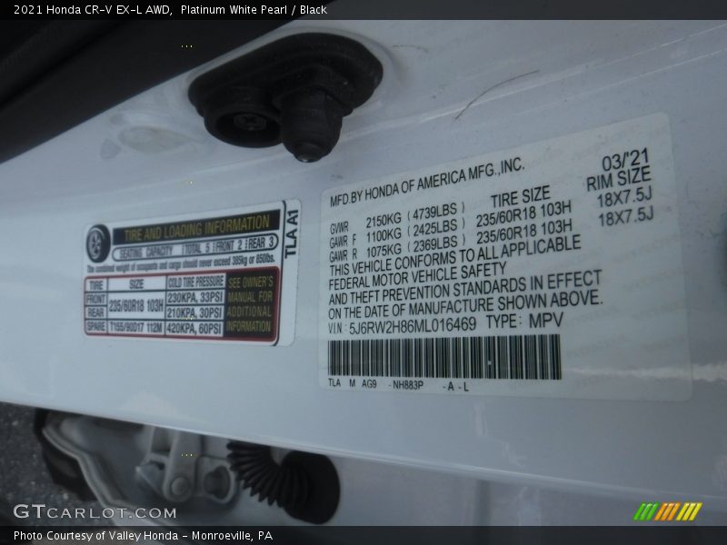 2021 CR-V EX-L AWD Platinum White Pearl Color Code NH883P