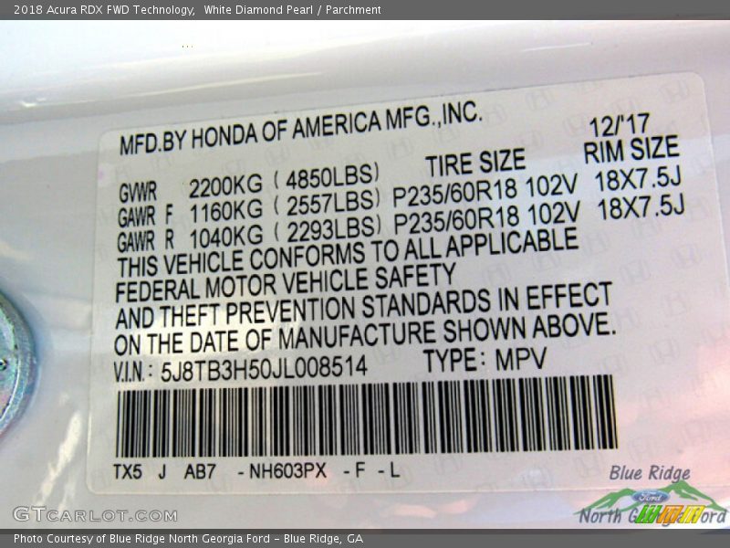 White Diamond Pearl / Parchment 2018 Acura RDX FWD Technology