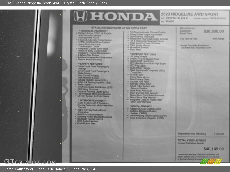  2023 Ridgeline Sport AWD Window Sticker