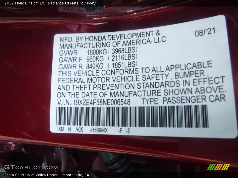 2022 Insight EX Radiant Red Metallic Color Code R569MX