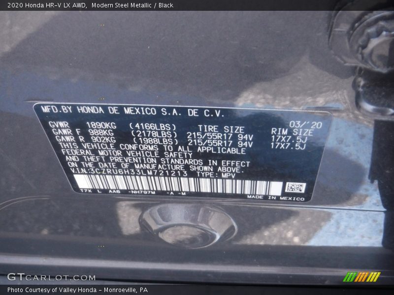 Modern Steel Metallic / Black 2020 Honda HR-V LX AWD