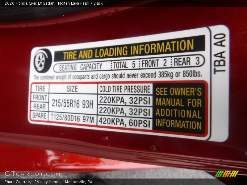 Info Tag of 2020 Civic LX Sedan