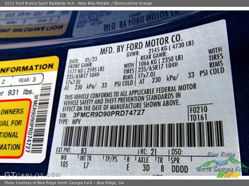 Atlas Blue Metallic / Ebony/Active Orange 2023 Ford Bronco Sport Badlands 4x4