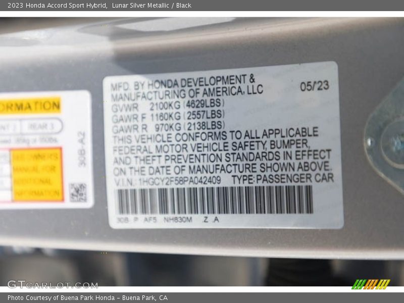 2023 Accord Sport Hybrid Lunar Silver Metallic Color Code NH830M