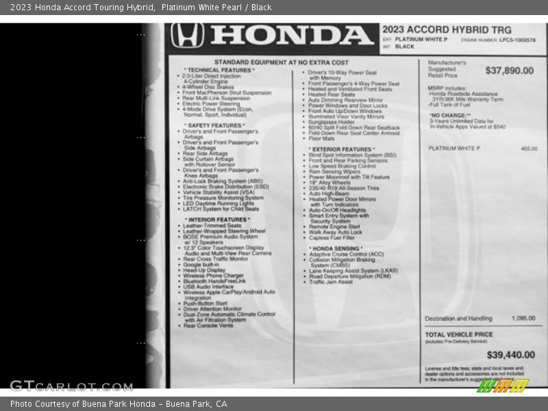 Platinum White Pearl / Black 2023 Honda Accord Touring Hybrid