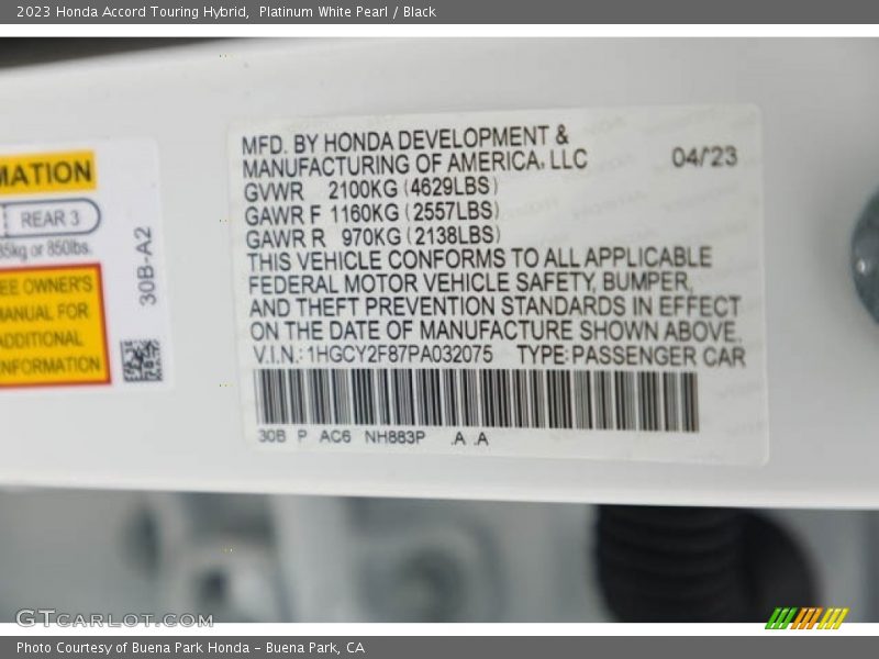 2023 Accord Touring Hybrid Platinum White Pearl Color Code NH883P