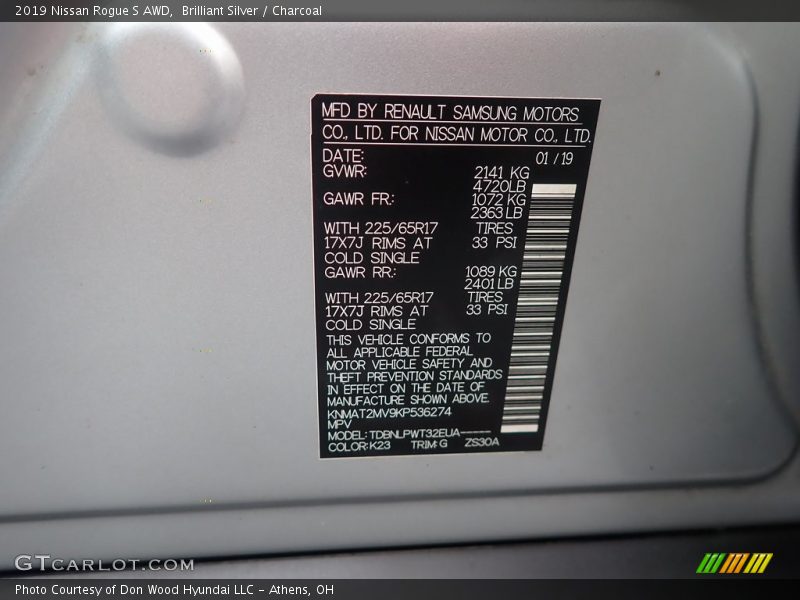 2019 Rogue S AWD Brilliant Silver Color Code K23