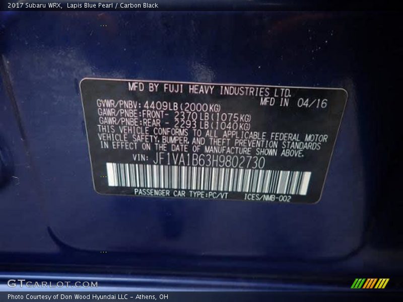 Lapis Blue Pearl / Carbon Black 2017 Subaru WRX