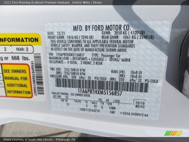 2021 Mustang EcoBoost Premium Fastback Oxford White Color Code YZ