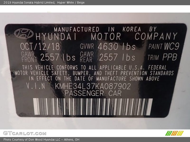 2019 Sonata Hybrid Limited Hyper White Color Code WC9