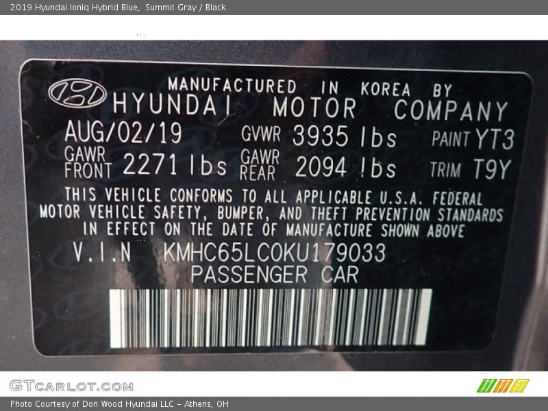 2019 Ioniq Hybrid Blue Summit Gray Color Code YT3