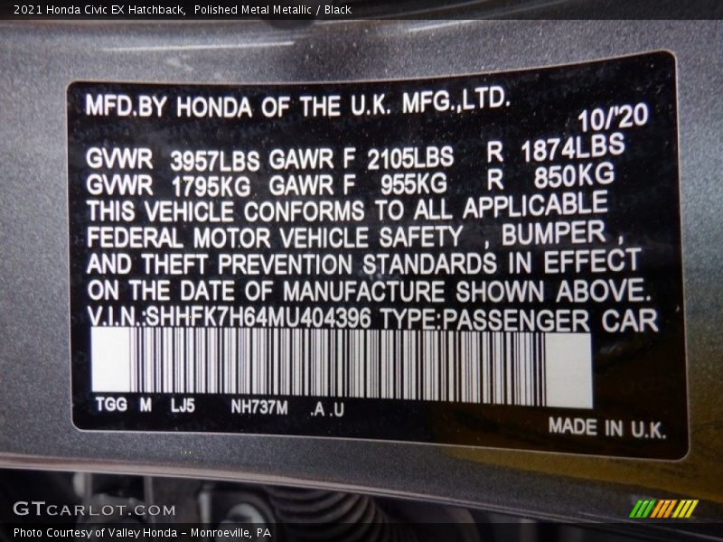 2021 Civic EX Hatchback Polished Metal Metallic Color Code NH737M