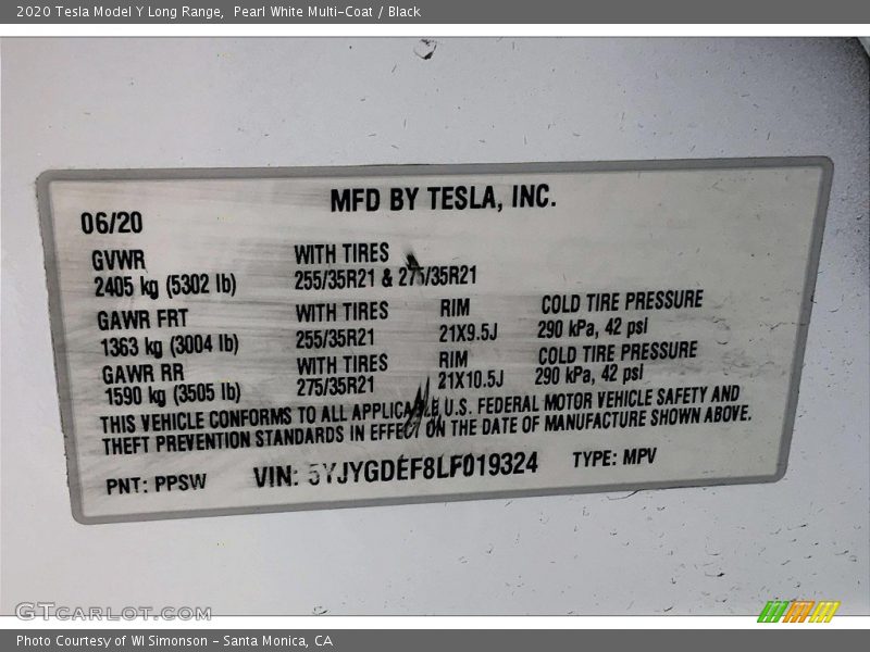 Pearl White Multi-Coat / Black 2020 Tesla Model Y Long Range