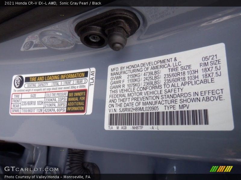 2021 CR-V EX-L AWD Sonic Gray Pearl Color Code NH877P