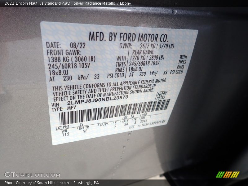 2022 Nautilus Standard AWD Silver Radiance Metallic Color Code JS