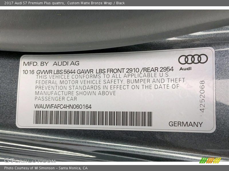 Custom Matte Bronze Wrap / Black 2017 Audi S7 Premium Plus quattro
