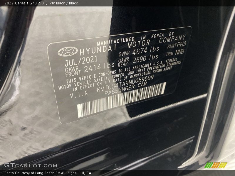 2022 G70 2.0T Vik Black Color Code PH3