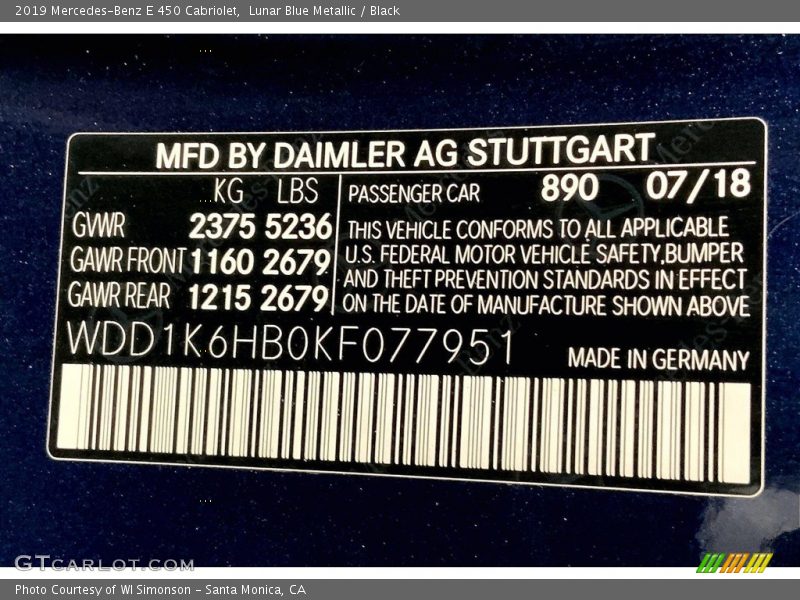 2019 E 450 Cabriolet Lunar Blue Metallic Color Code 890