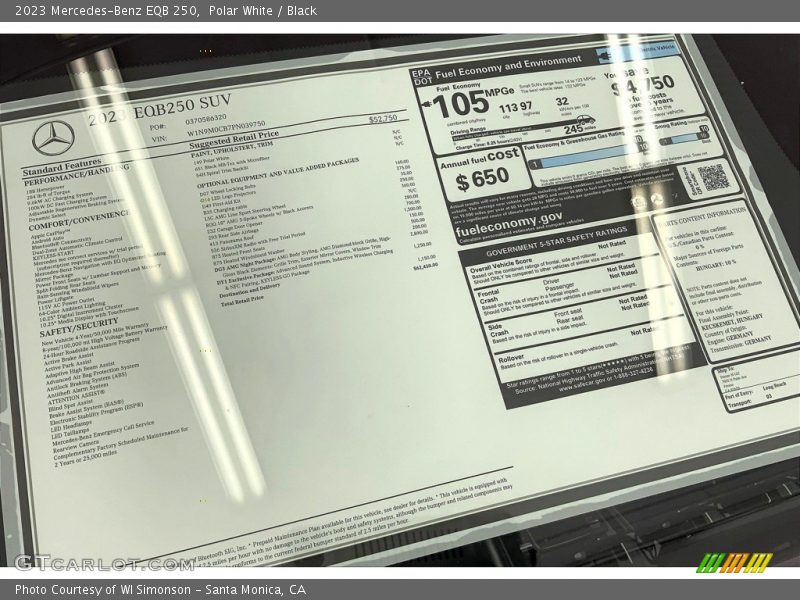  2023 EQB 250 Window Sticker