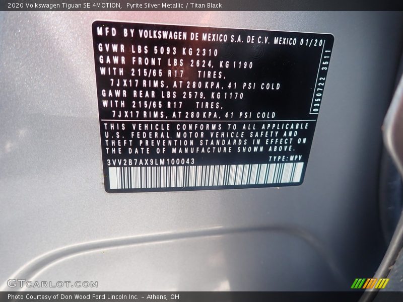 Pyrite Silver Metallic / Titan Black 2020 Volkswagen Tiguan SE 4MOTION