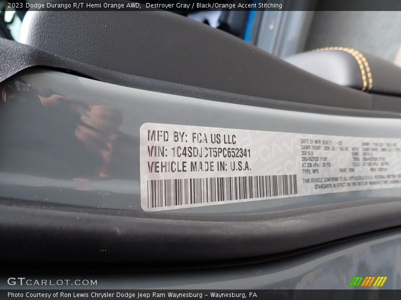Destroyer Gray / Black/Orange Accent Stitching 2023 Dodge Durango R/T Hemi Orange AWD