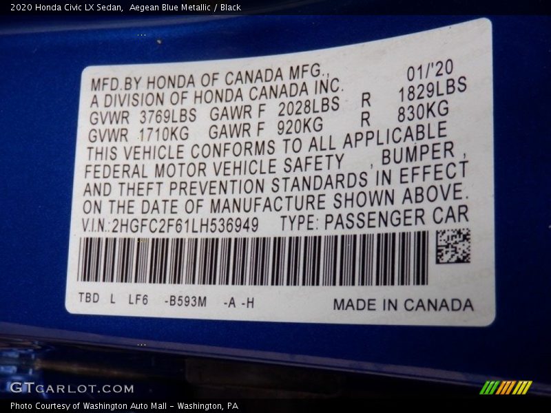 Aegean Blue Metallic / Black 2020 Honda Civic LX Sedan