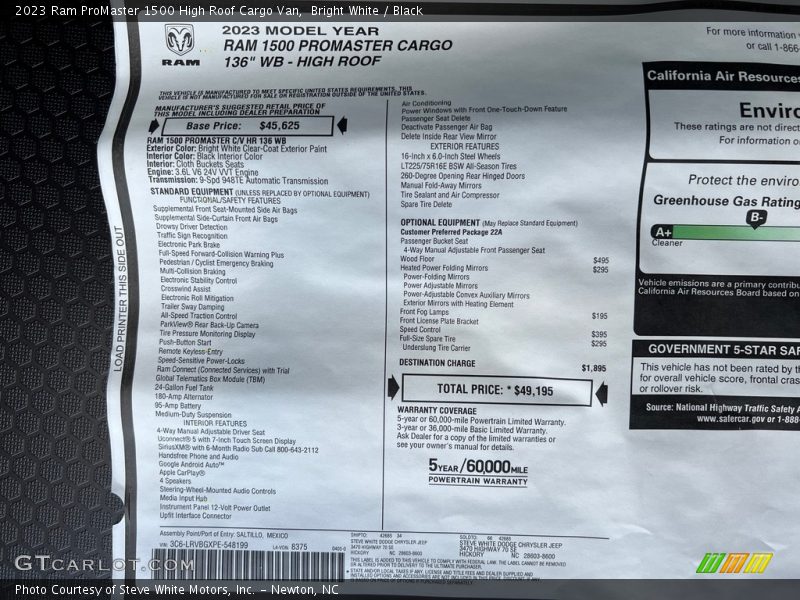 Bright White / Black 2023 Ram ProMaster 1500 High Roof Cargo Van