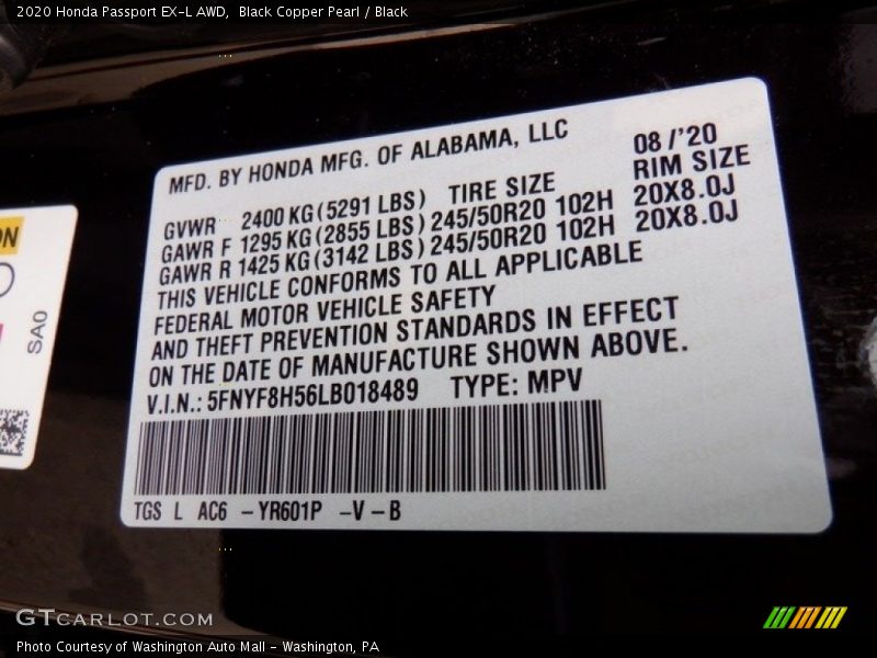 2020 Passport EX-L AWD Black Copper Pearl Color Code YR601P