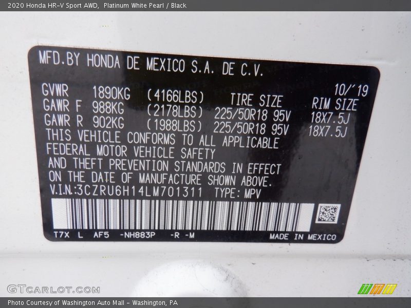 2020 HR-V Sport AWD Platinum White Pearl Color Code NH883P