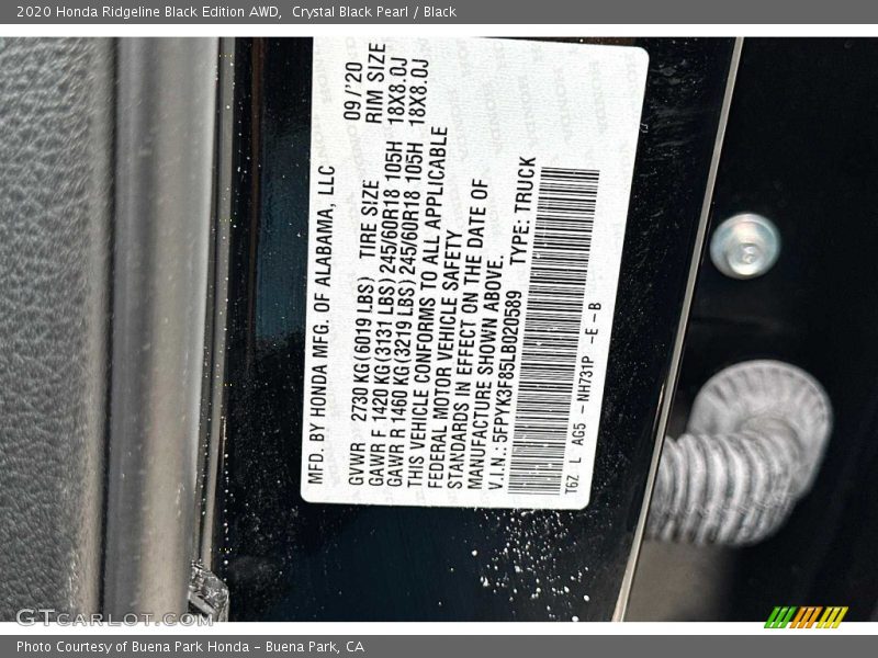 Crystal Black Pearl / Black 2020 Honda Ridgeline Black Edition AWD