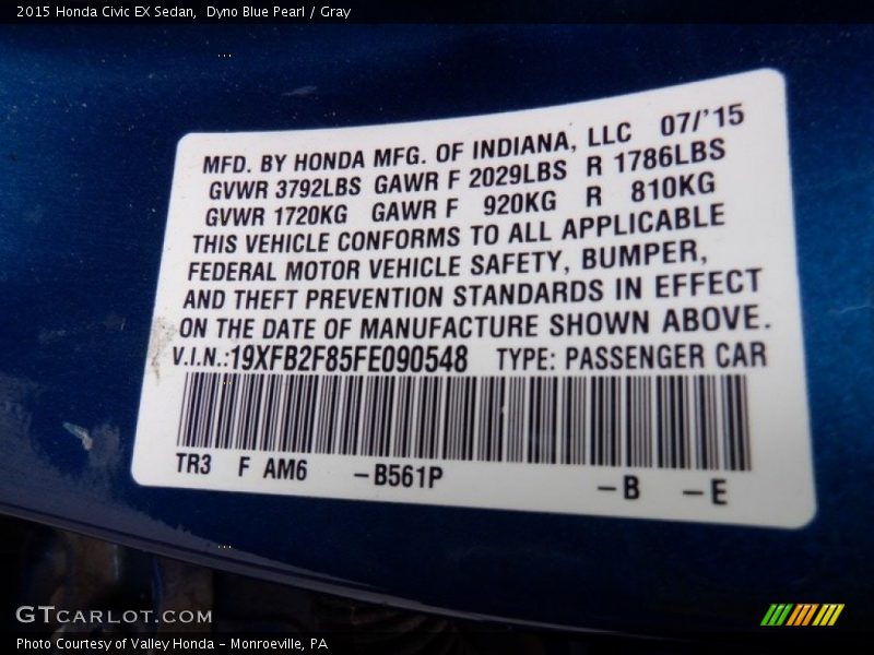 Dyno Blue Pearl / Gray 2015 Honda Civic EX Sedan