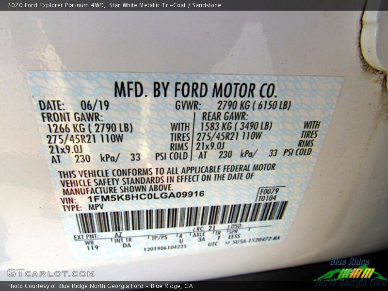 Star White Metallic Tri-Coat / Sandstone 2020 Ford Explorer Platinum 4WD