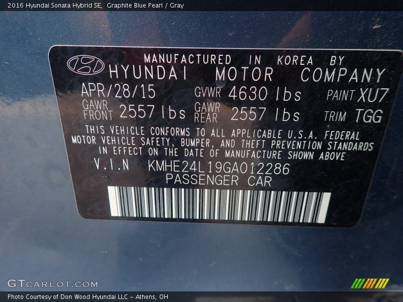 2016 Sonata Hybrid SE Graphite Blue Pearl Color Code XU7