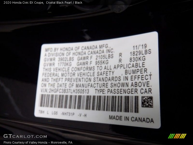 2020 Civic EX Coupe Crystal Black Pearl Color Code NH731P