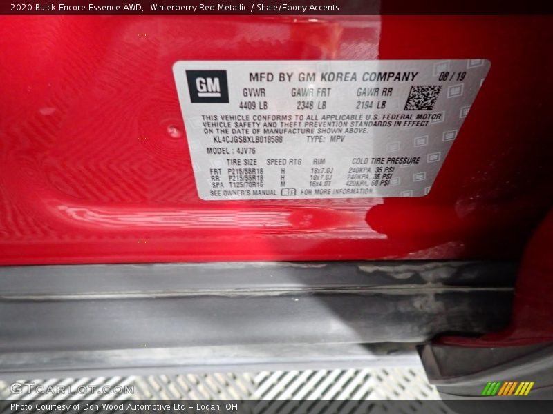 Winterberry Red Metallic / Shale/Ebony Accents 2020 Buick Encore Essence AWD