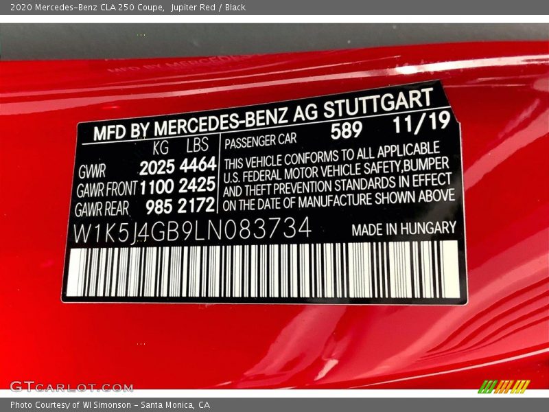 2020 CLA 250 Coupe Jupiter Red Color Code 589
